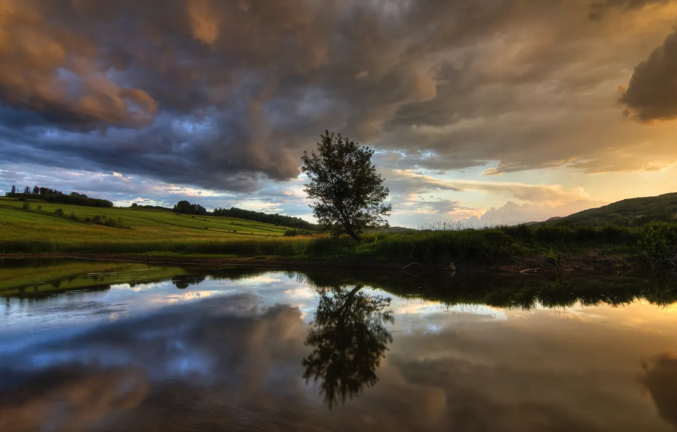 Фото обои небо, облака, река, дерево, Канада, Квебек