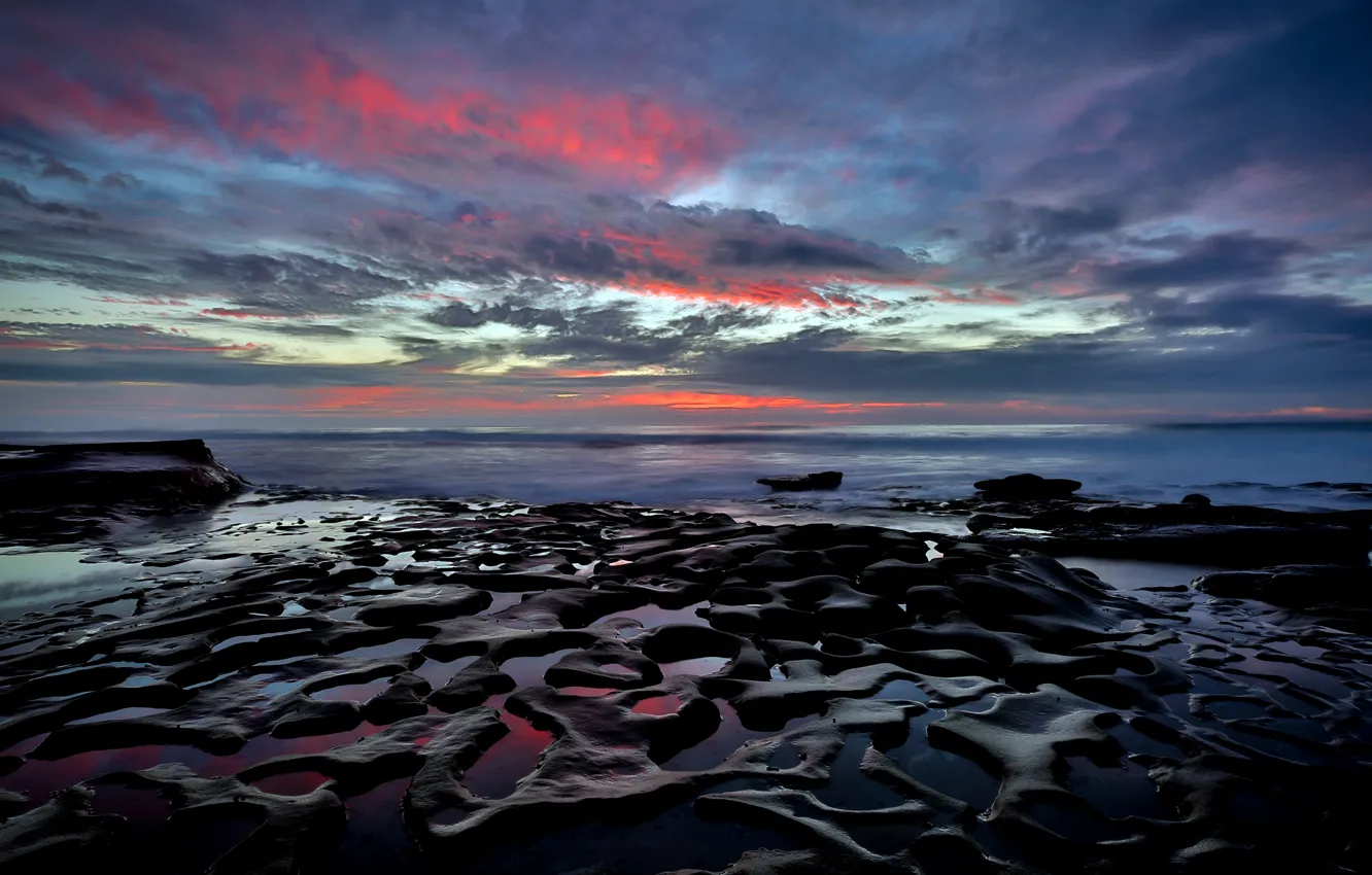 Фото обои пляж, камни, океан, берег, California, San Diego, расвет, La Jolla beach