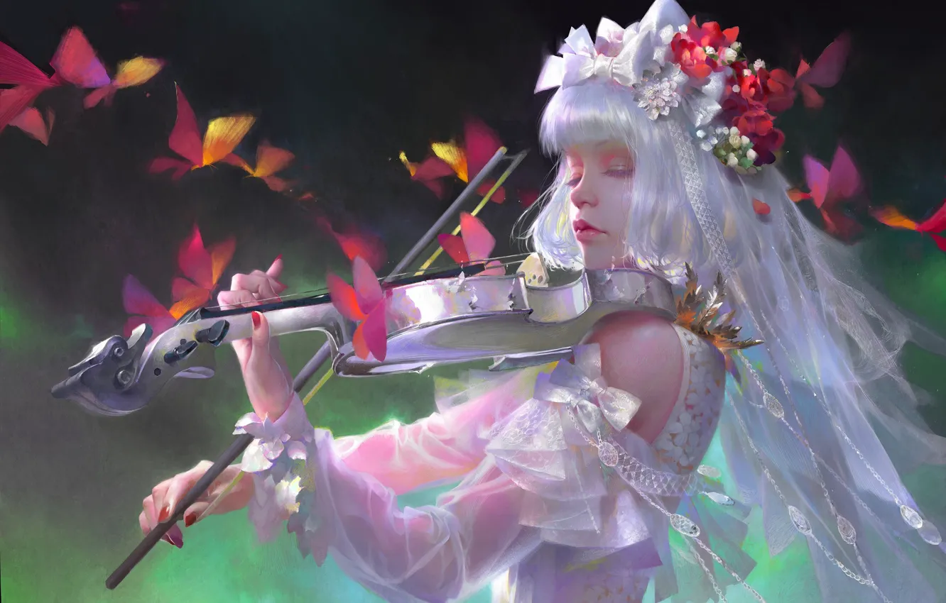 Фото обои девушка, бабочки, музыка, скрипка, fantasy, Иллюстрация, The New Works.新作, Wei Feng