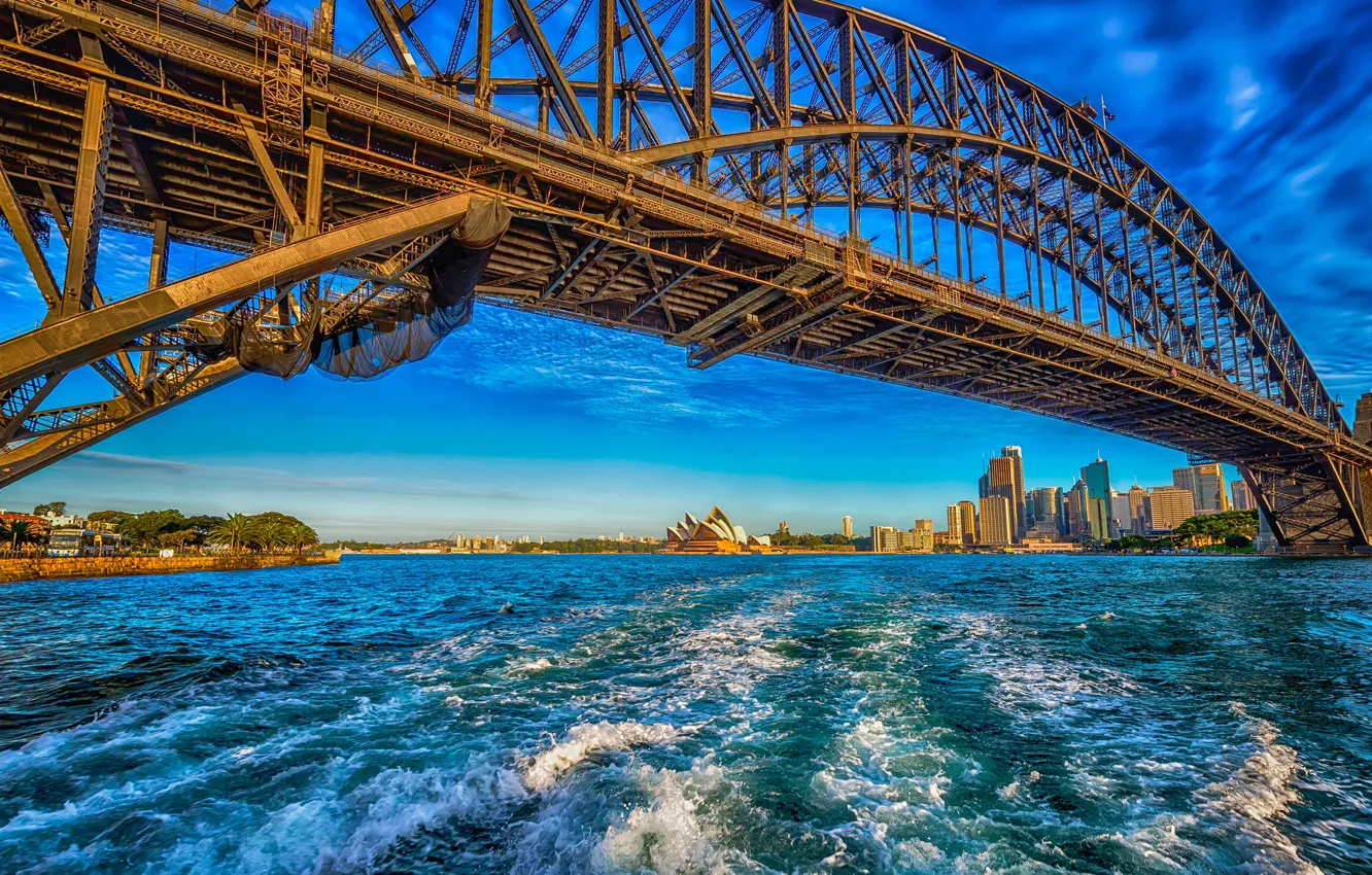 Фото обои небо, солнце, мост, берег, дома, Австралия, залив, Сидней