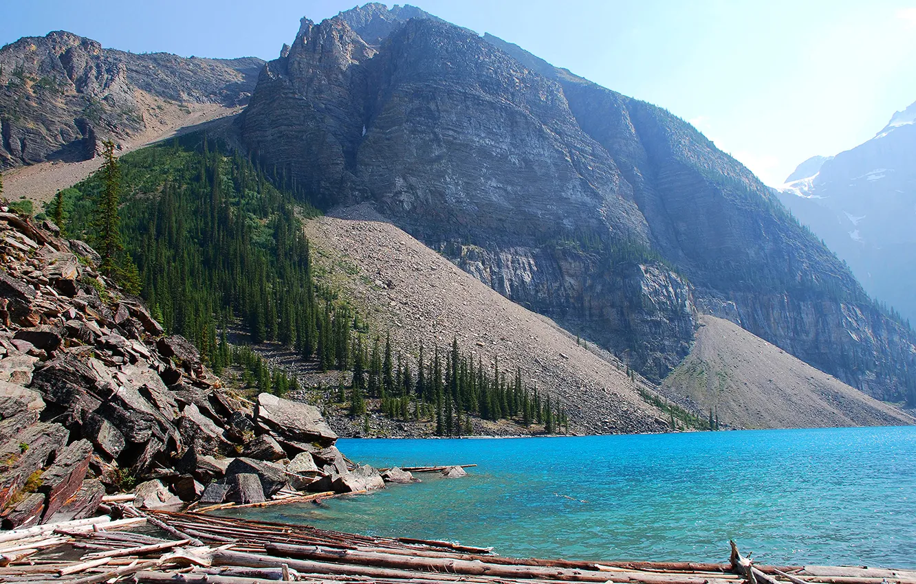 Фото обои деревья, горы, озеро, камни, скалы, Alberta, Canada, канада