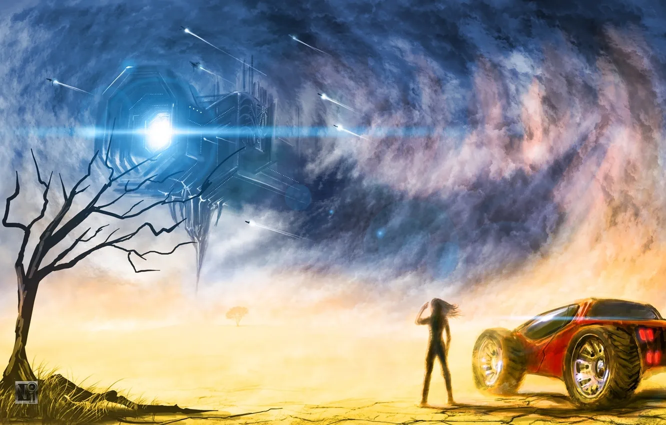 Фото обои девушка, пустыня, буря, Планета, автомобиль, космические корабли