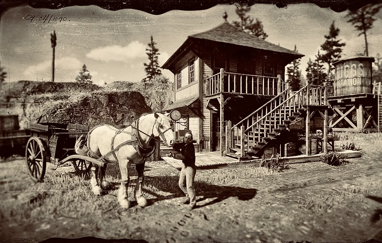 Фото обои HDR, Game, Man, Trees, Horse, UHD, Post, Red Dead Redemption 2