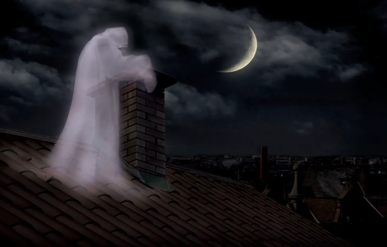 Фото обои ночь, труба, призрак, ghost, кирпичная, лунное затмение, на крыше, привидение