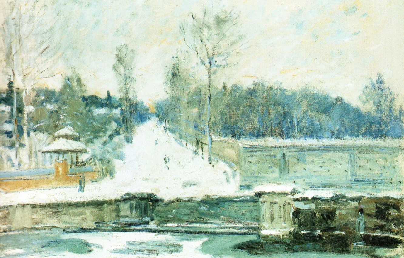 Фото обои зима, пейзаж, картина, Alfred Sisley, Альфред Сислей, Запруда в Марли-ле-Руа