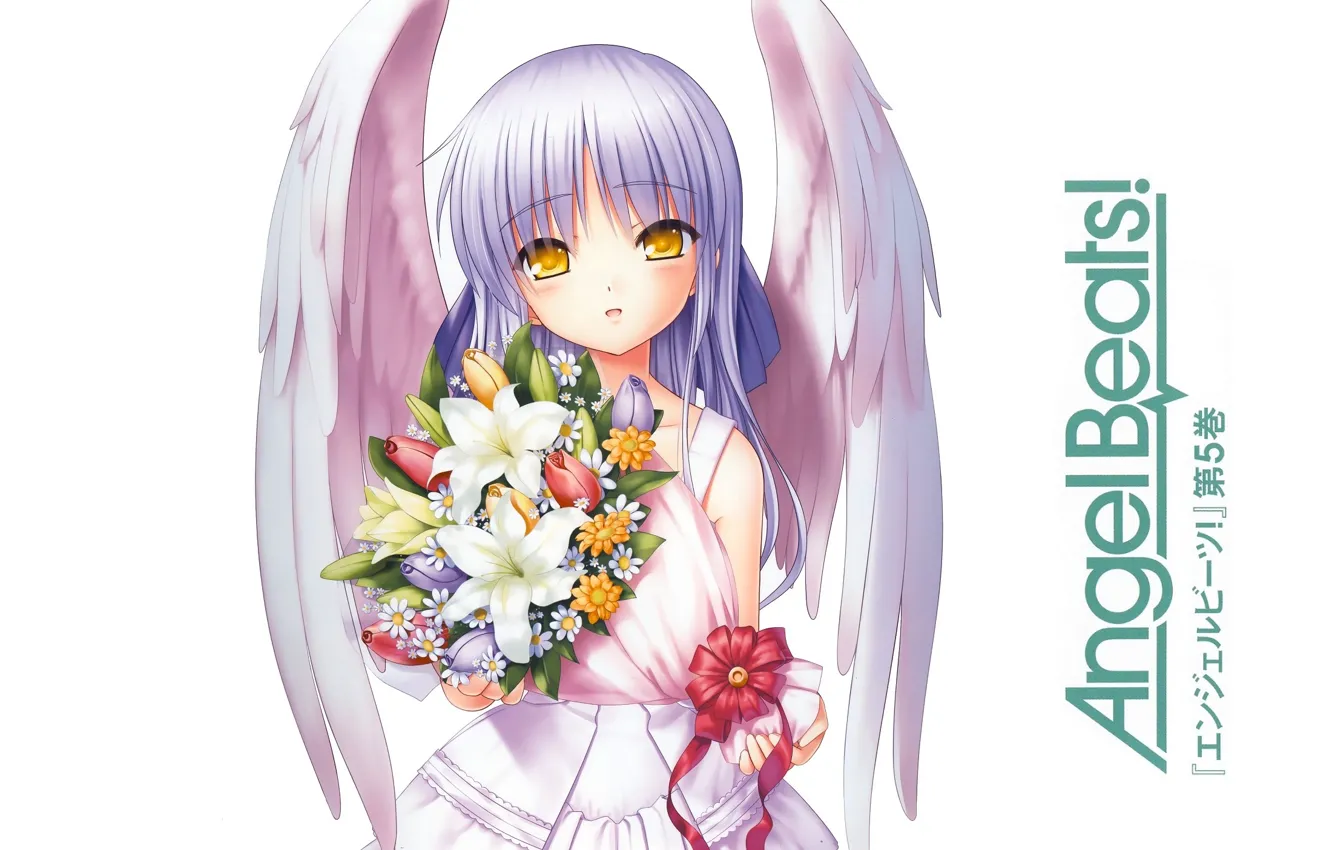 Фото обои желтые глаза, свадебное платье, Kanade Tachibana, белые крылья, Ангельские Ритмы!, букет невесты, Angel Beast!, by …