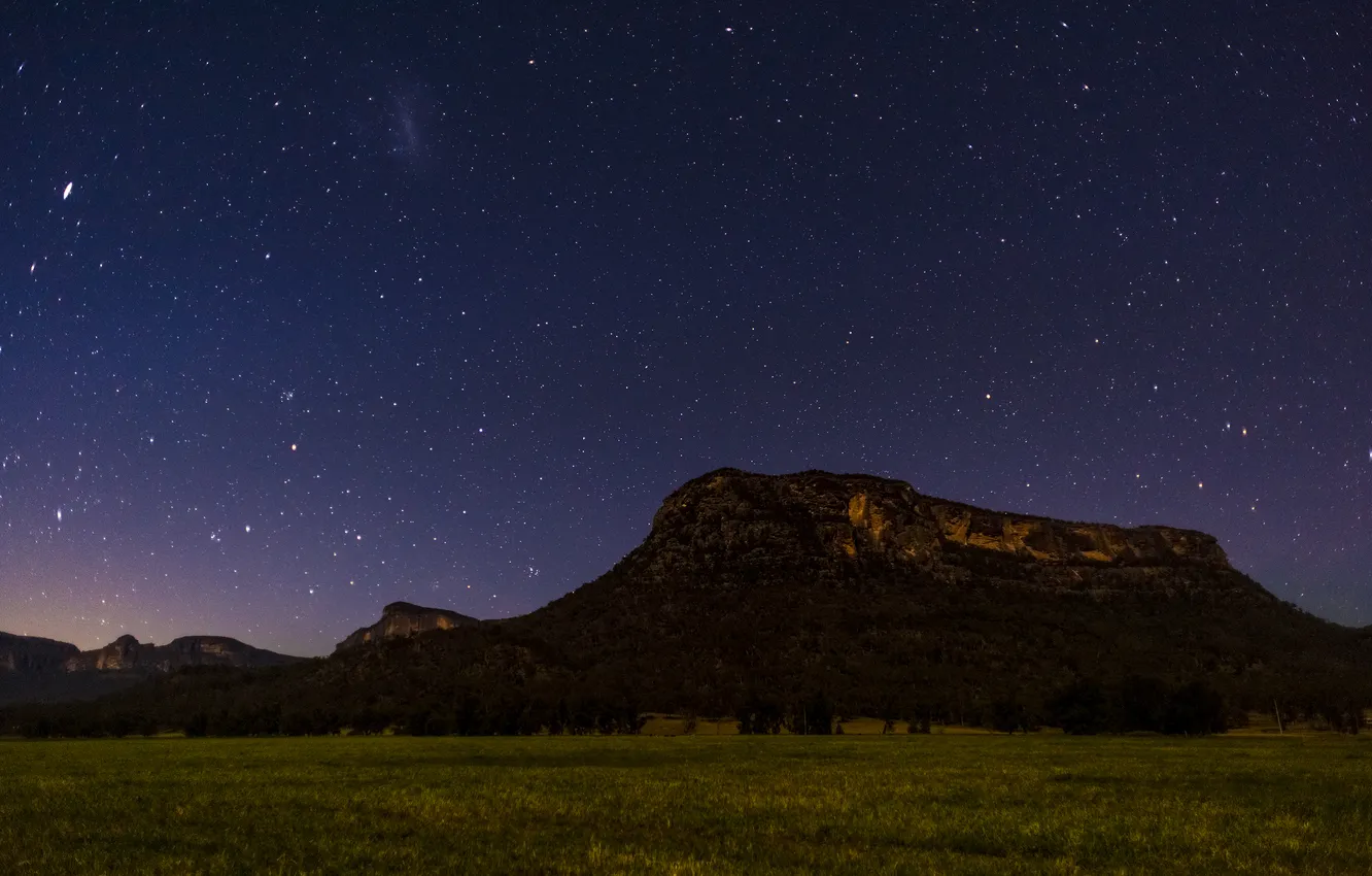 Фото обои поле, лес, небо, горы, ночь, Australia, Glen Davis
