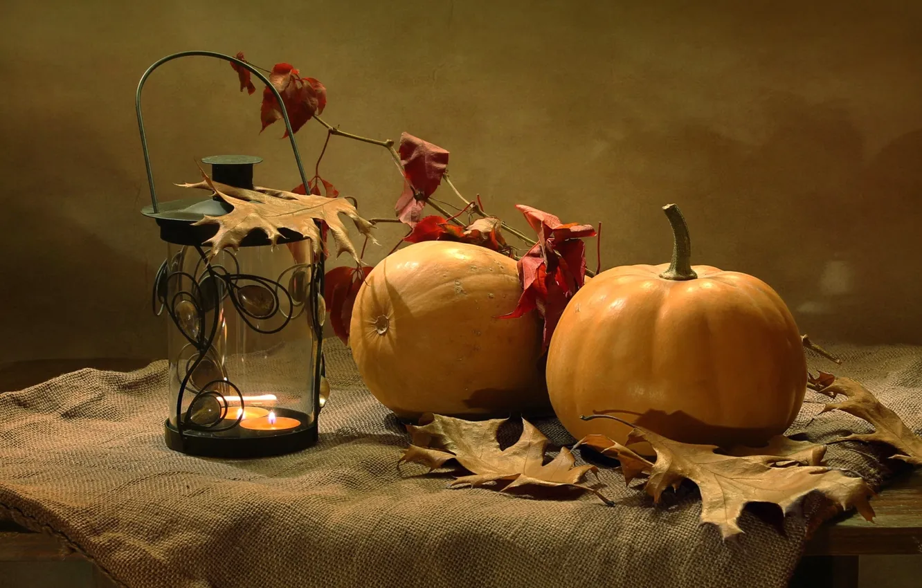 Фото обои осень, листья, фонарь, тыква