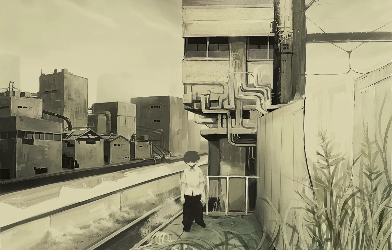 Фото обои трубы, одиночество, мальчик, промзона, гаражи, серое небо, канава, безлюдный город