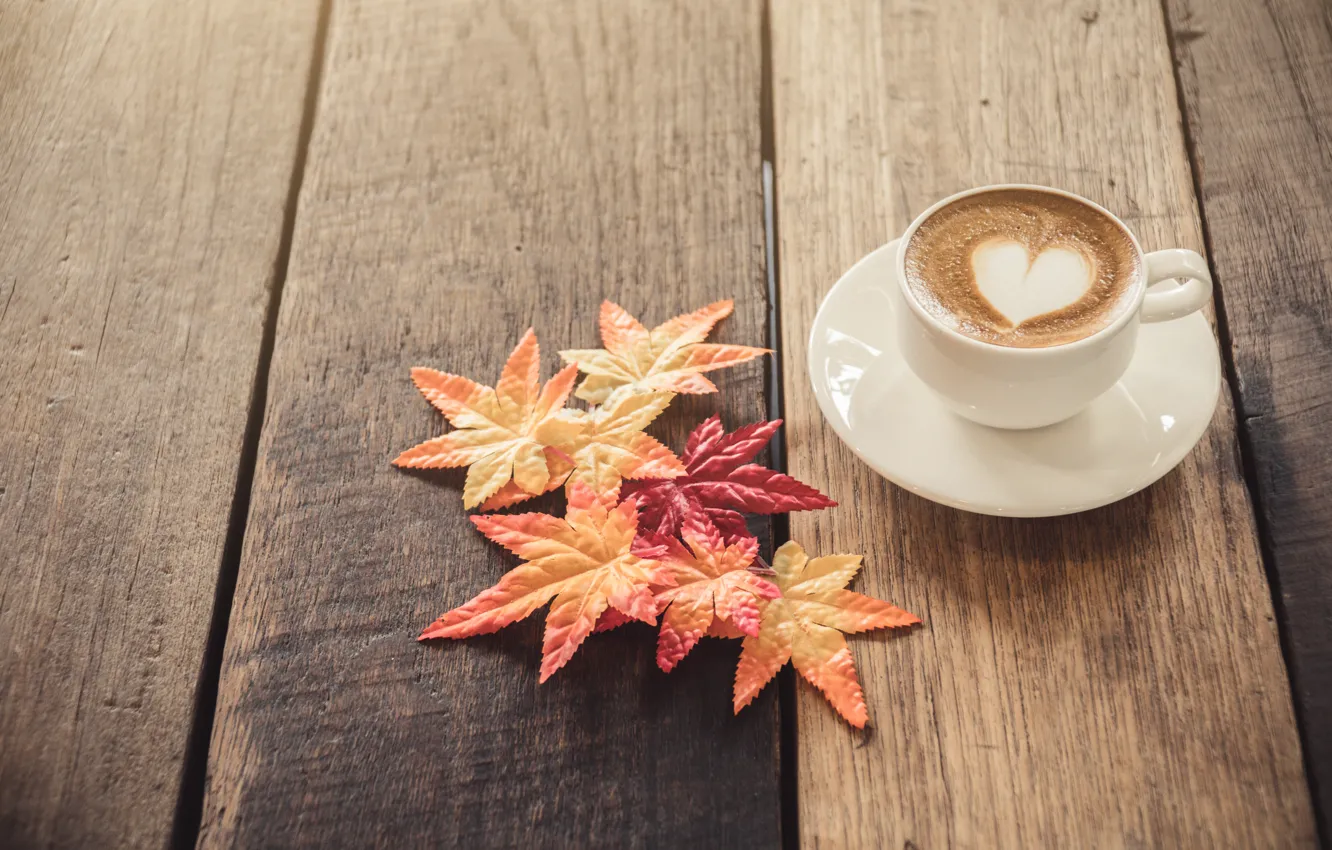 Фото обои осень, листья, любовь, сердце, кофе, чашка, love, heart