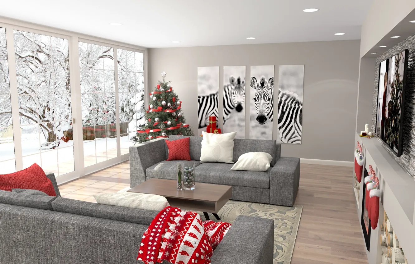 Фото обои christmas, new year, winter, living room, zebra, christmas tree