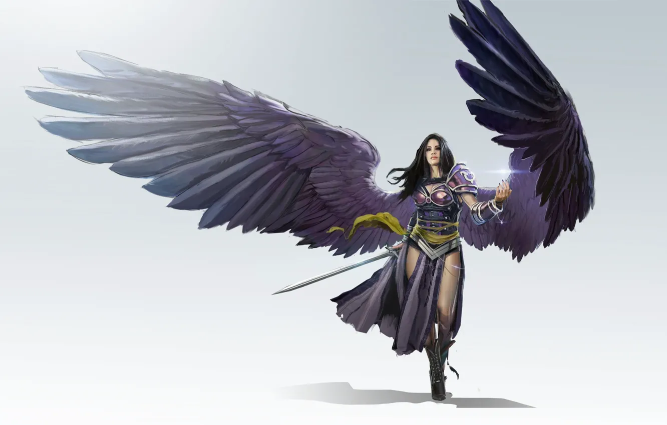 Фото обои девушка, оружие, крылья, воин, арт, fantasy, todd hebenstreit, LVL