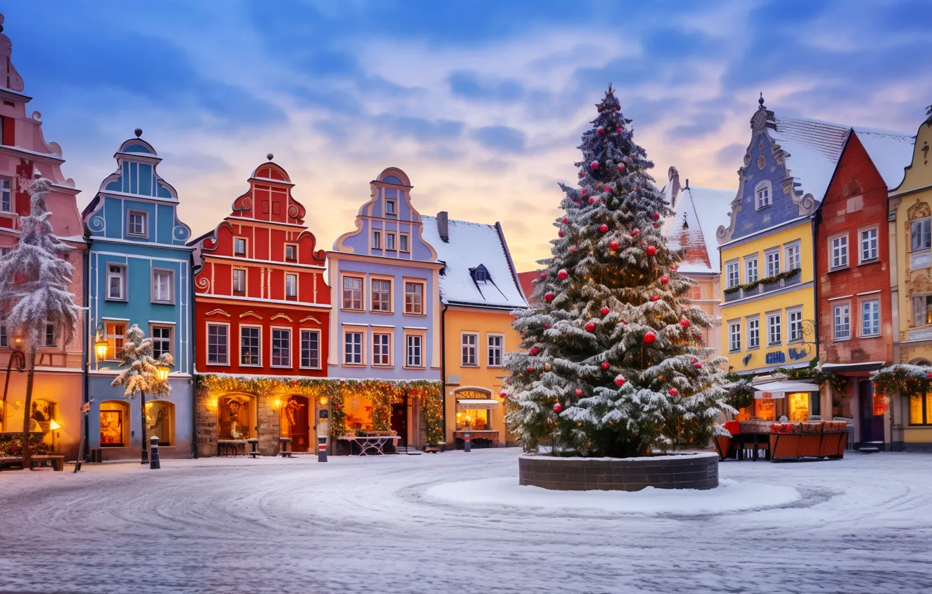 Фото обои зима, снег, украшения, ночь, город, шары, улица, елка