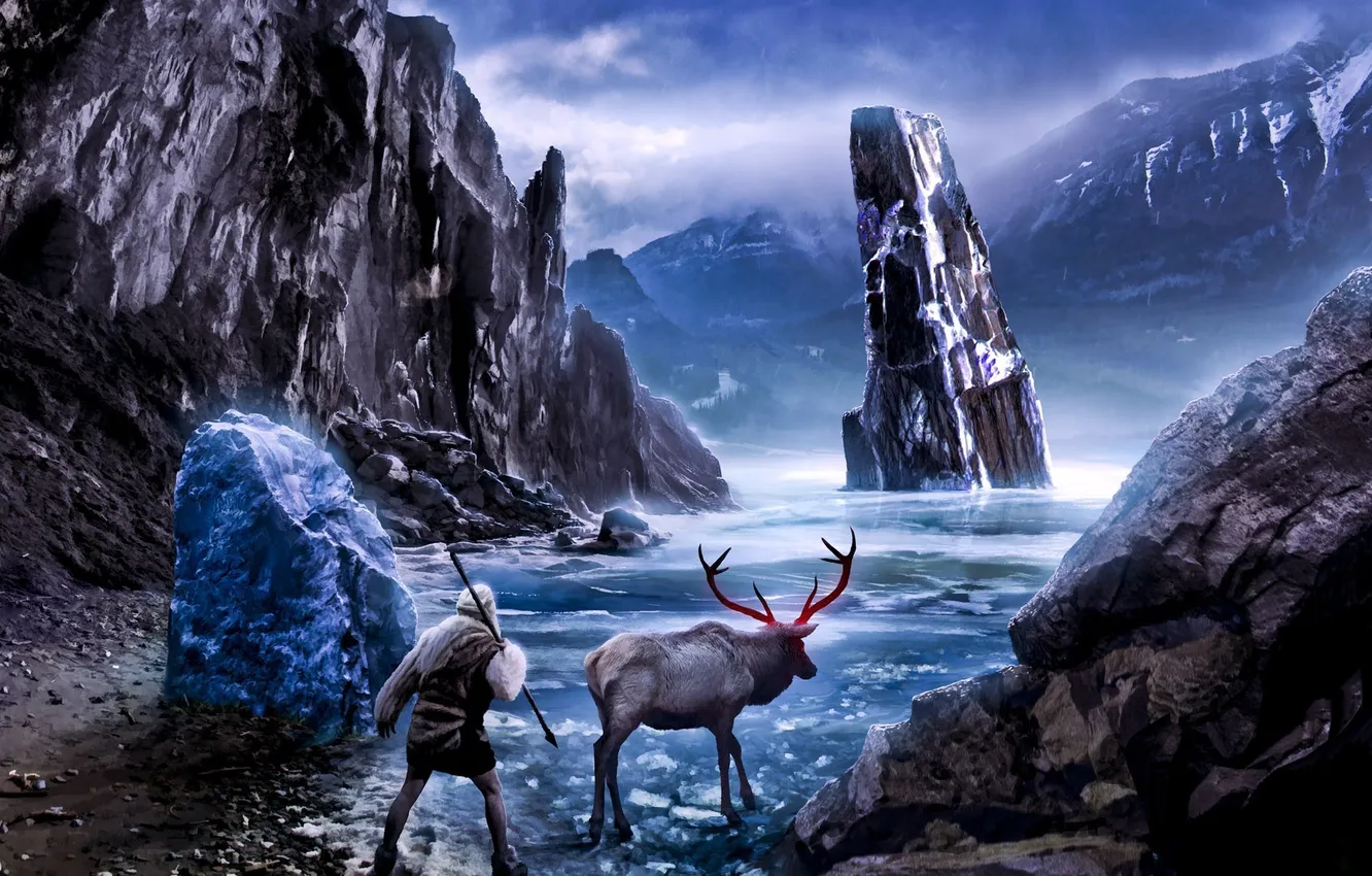Фото обои лед, озеро, животное, человек, олень, льды, льдины, копье