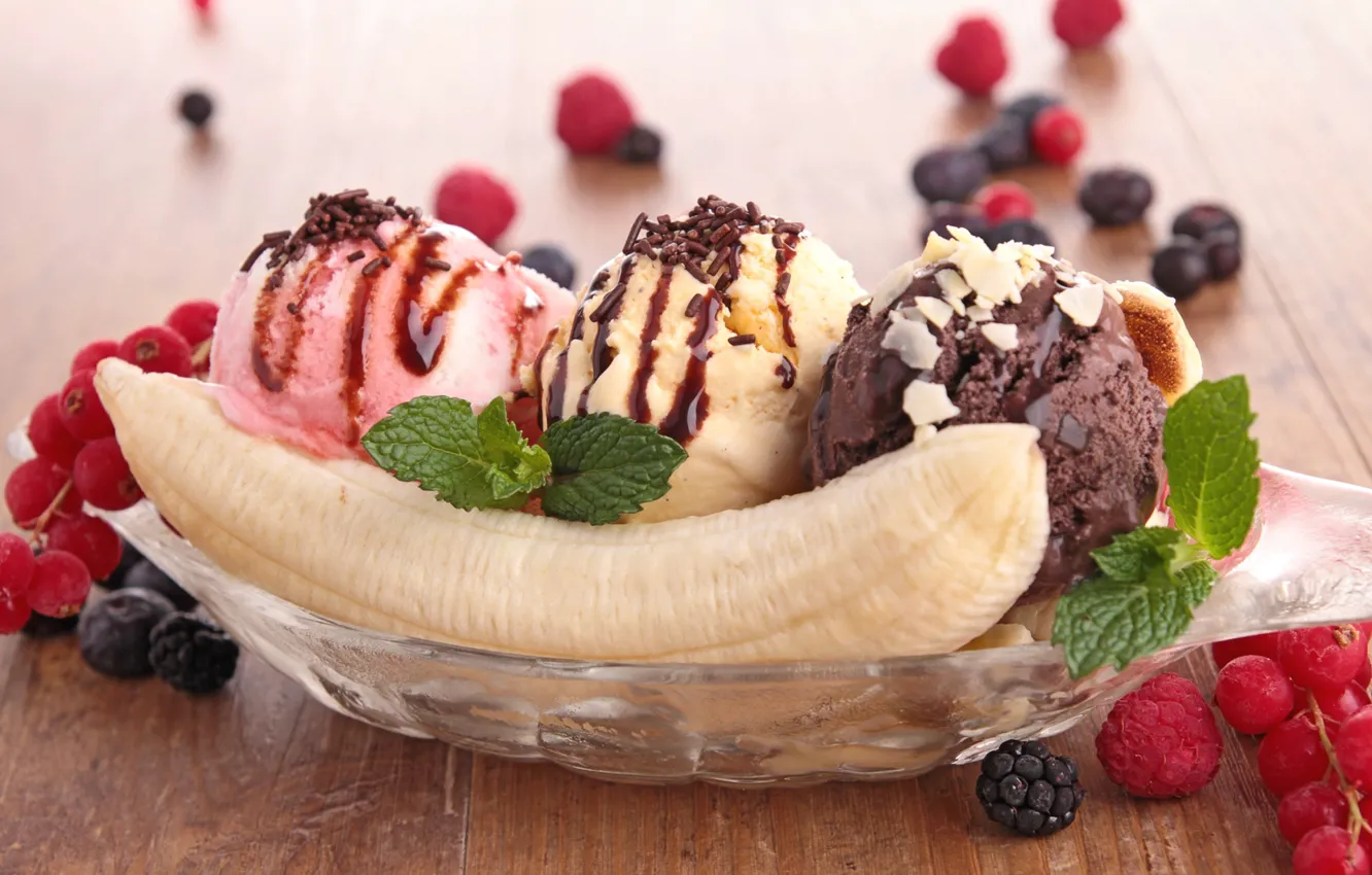 Фото обои малина, шоколад, мороженое, банан, мята, десерт, ежевика