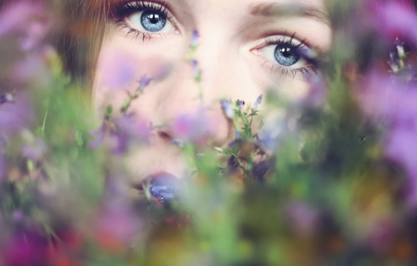 Фото обои глаза, девушка, цветы, лицо