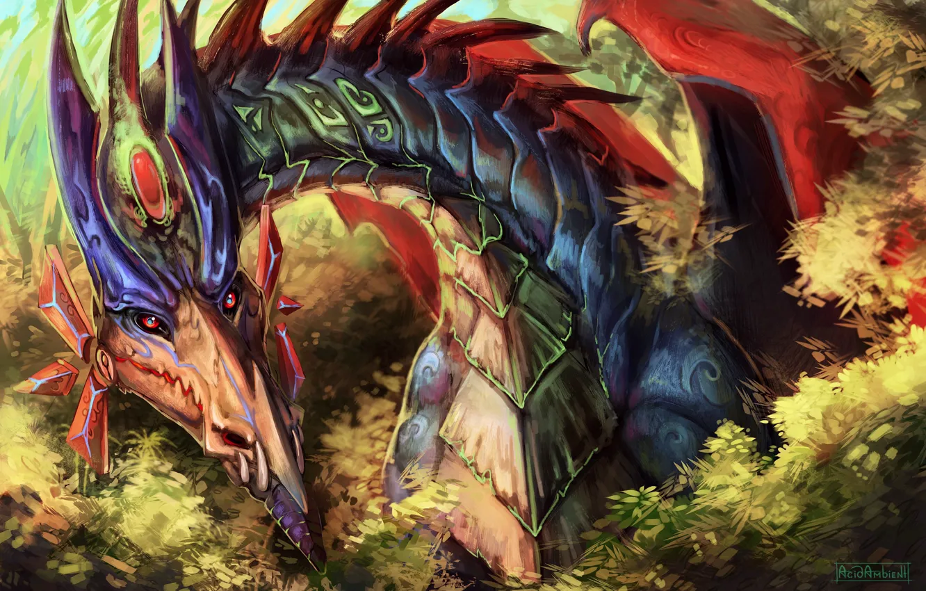 Фото обои дракон, рога, окрас, фантастика. арт, взгляд. цвета