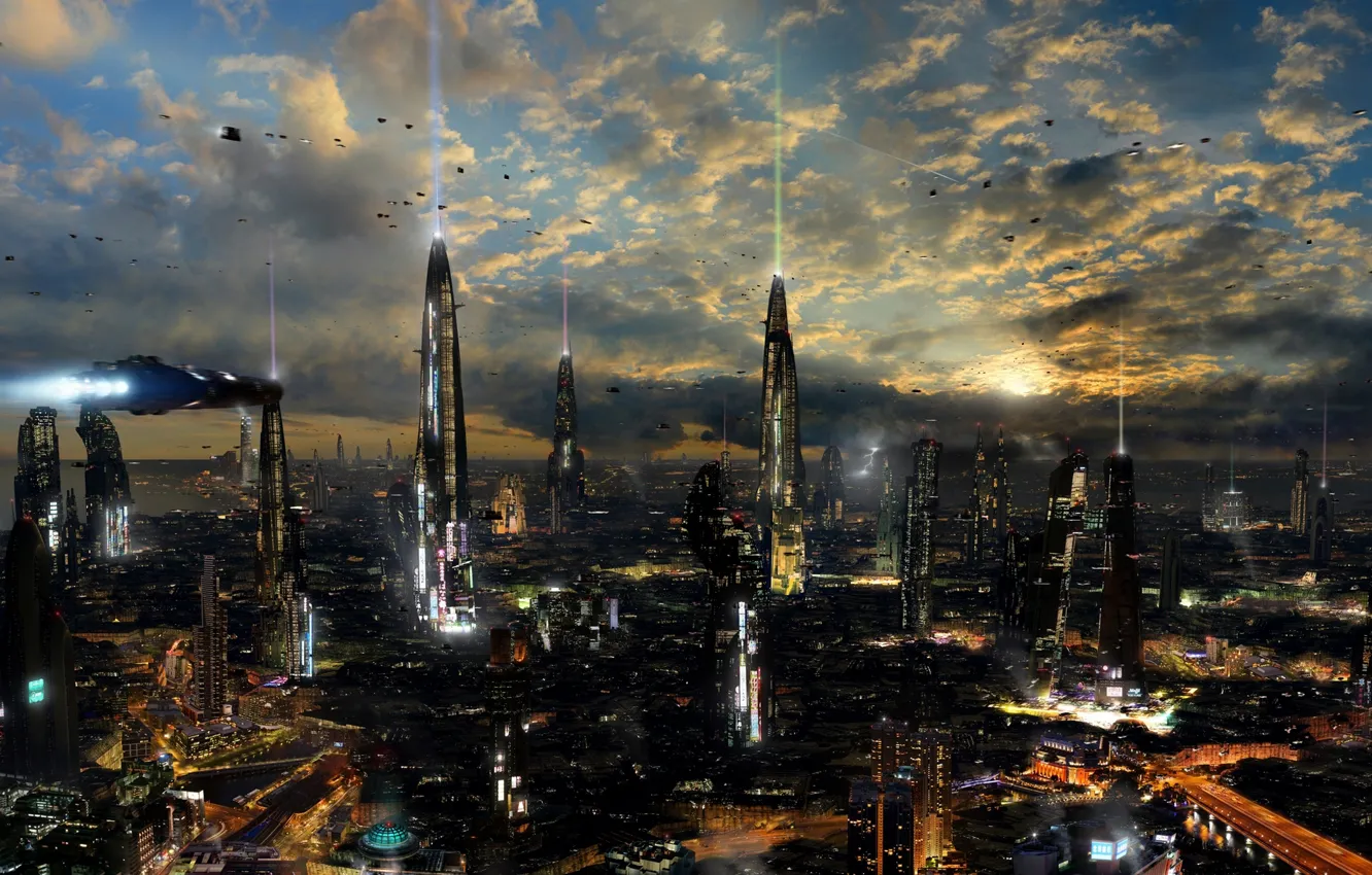Фото обои облака, город, огни, будущее, здания, дороги, планета, корабли