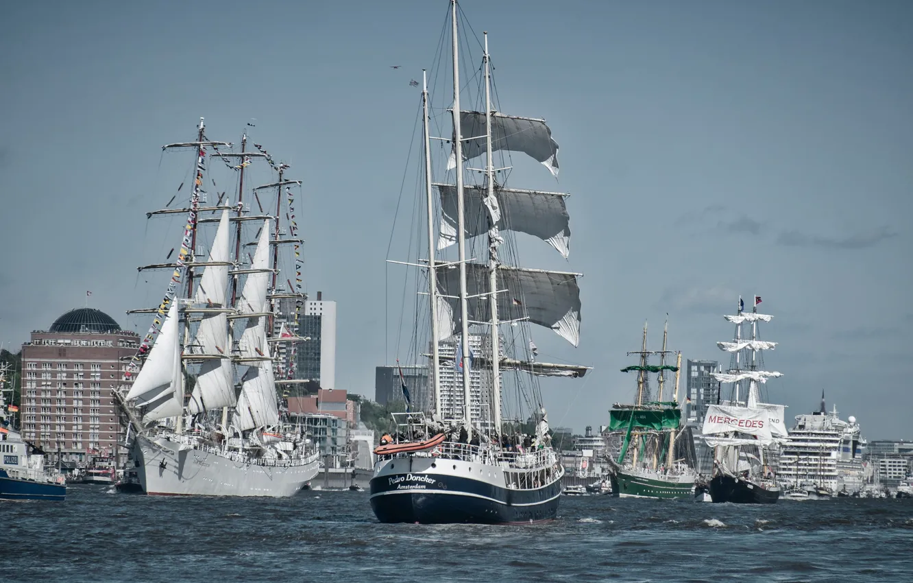 Фото обои река, корабли, Германия, Эльба, парад, Гамбург, Germany, парусники