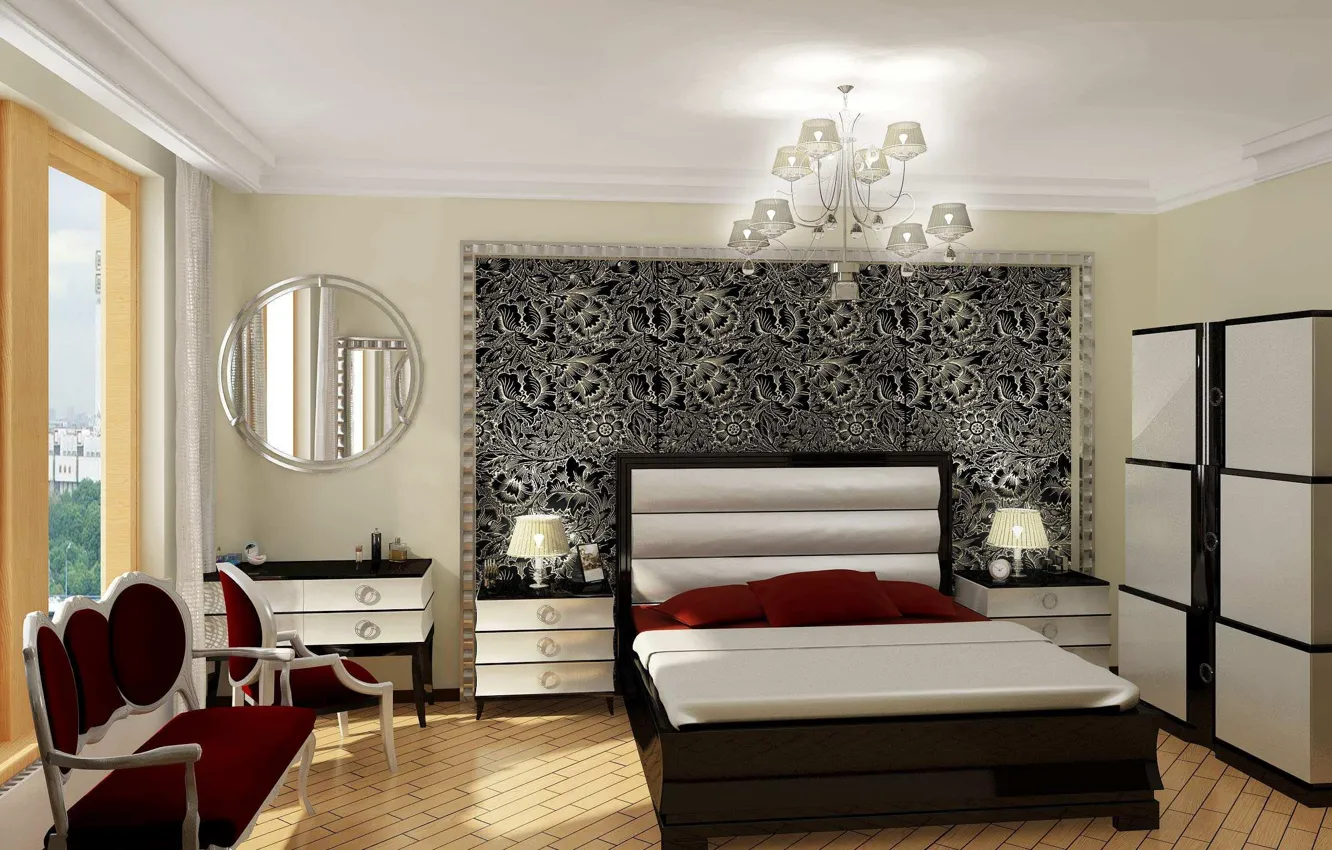 Фото обои комната, кровать, подушки, зеркало, спальня