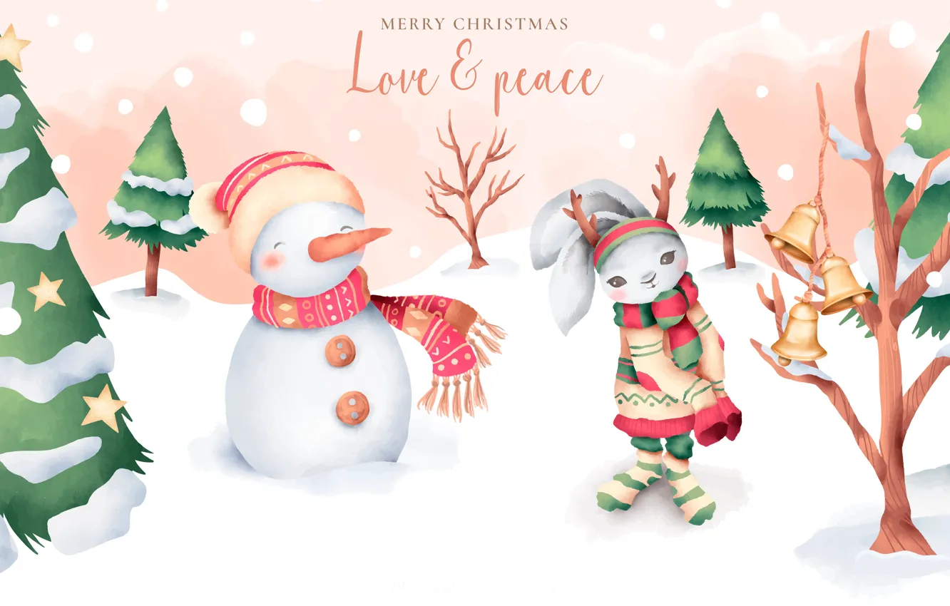 Фото обои зима, снег, кролик, Рождество, Новый год, снеговик, колокольчики, ёлки