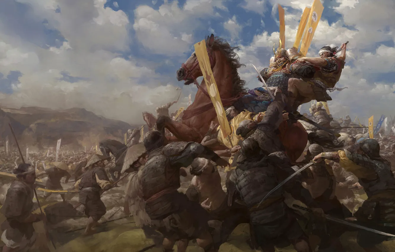 Фото обои смерть, война, лошадь, армия, самурай, битва