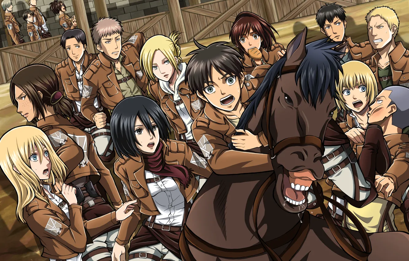 Фото обои Shingeki no Kyojin, Eren Jaeger, Mikasa Ackerman, Annie Leonhardt