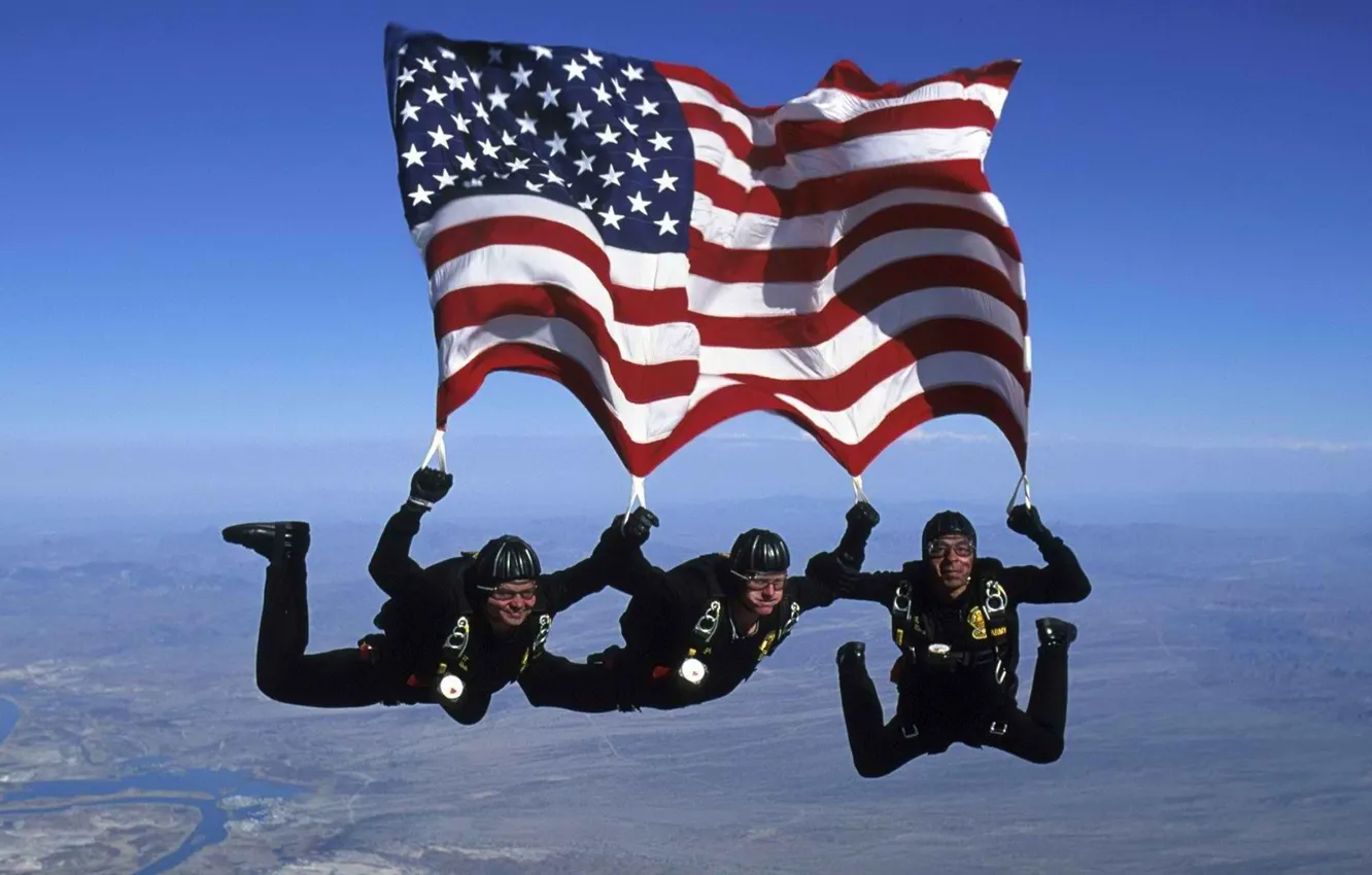 Фото обои небо, спорт, риск, парашютисты, Американский флаг