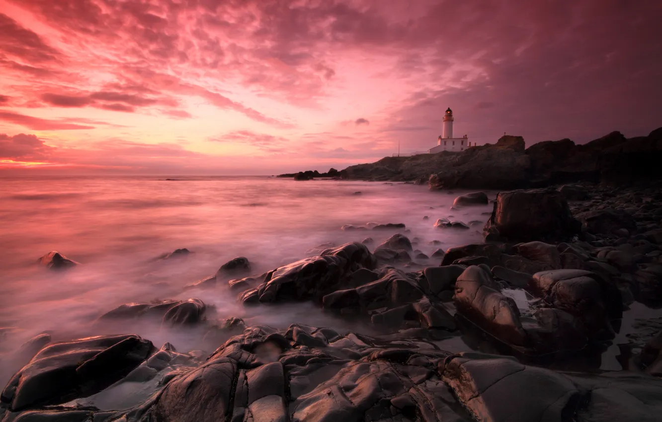 Фото обои море, небо, закат, камни, маяк