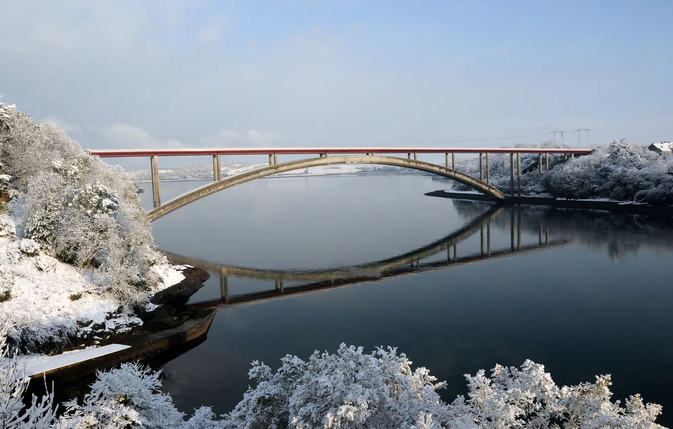 Фото обои зима, деревья, мост, река