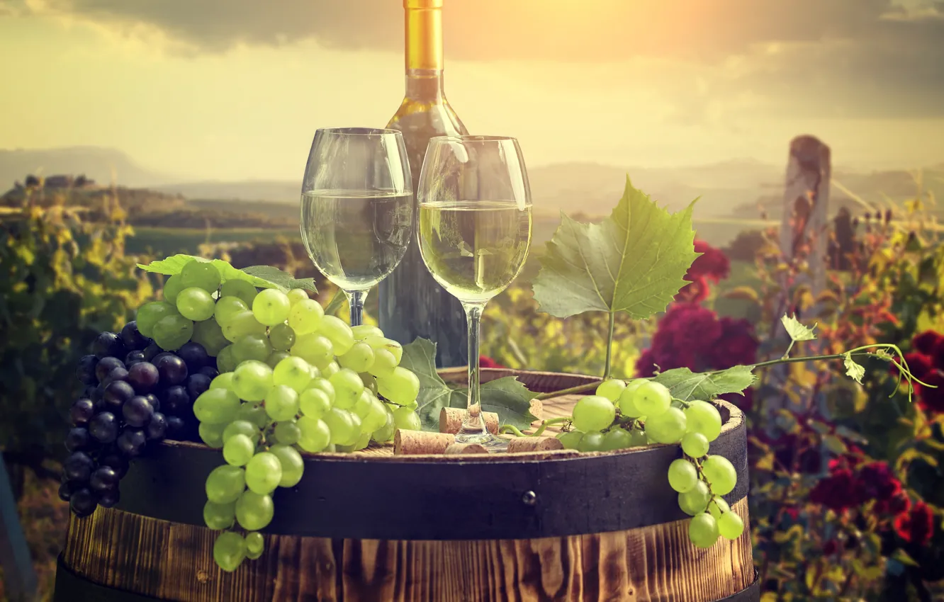 Фото обои вино, бокалы, бочка, грозди винограда