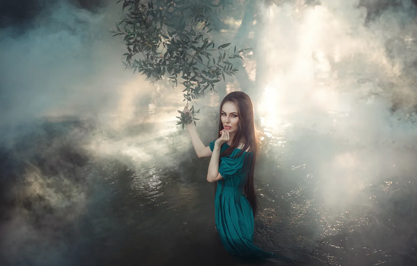 Фото обои листья, вода, ветки, туман, Девушка, платье, Альбина Шакирова