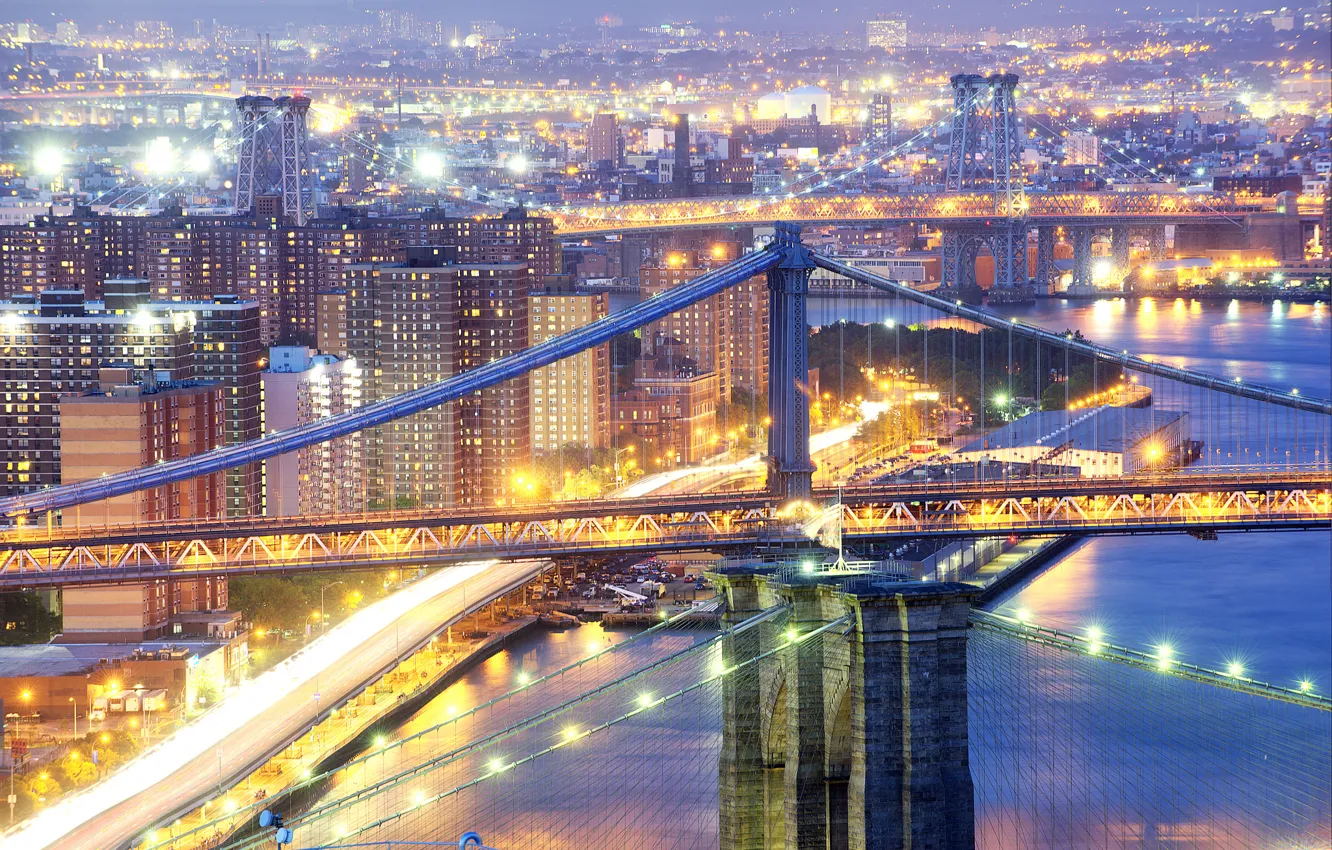 Фото обои ночь, город, огни, Нью-Йорк, выдержка, США, мосты, манхеттен