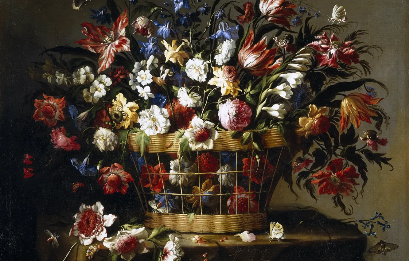 Фото обои букет, лепестки, натюрморт, Корзина Цветов, Хуан де Арельяно