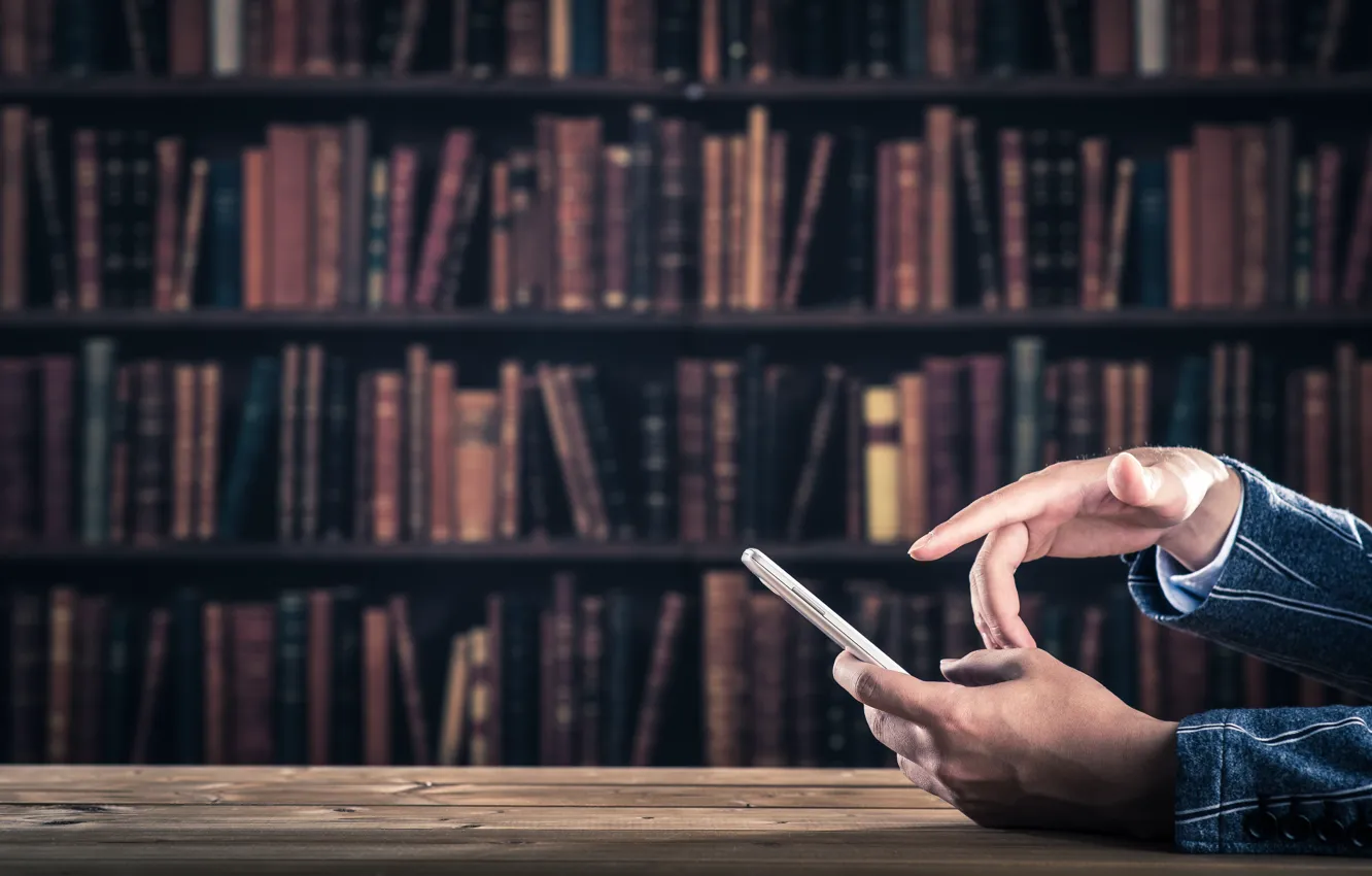 Фото обои fingers, library, cell phone