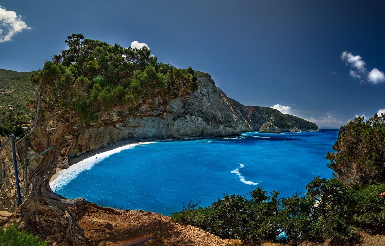 Фото обои пляж, деревья, скалы, побережье, Греция, Greece, Lefkada, Лефкада