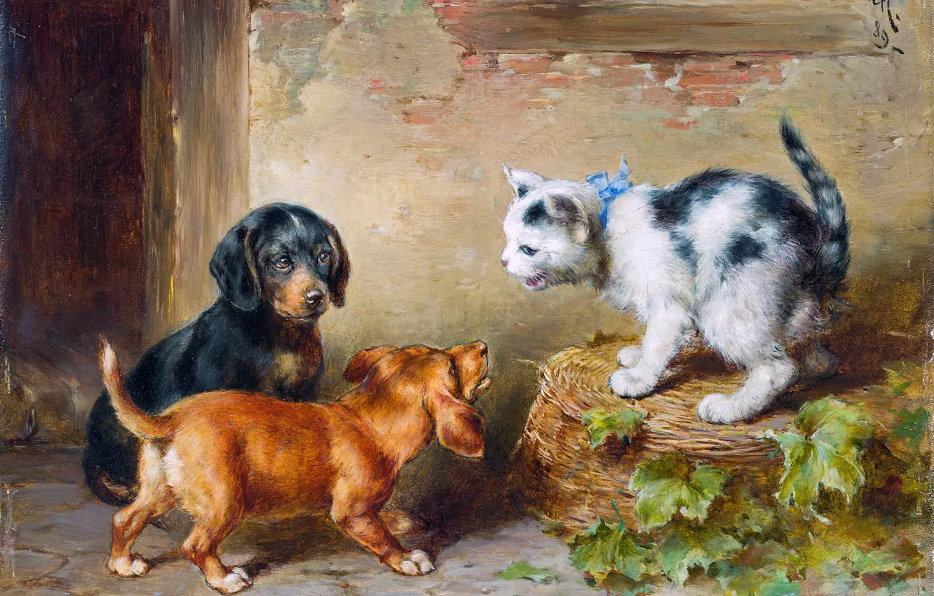 Фото обои Щенки, Картина, Собаки, Котёнок, Трое, Carl Reichert, Карл Райхерт, Австрийский живописец