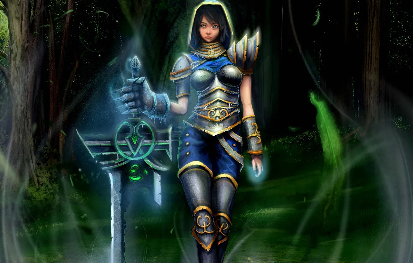 Фото обои лес, девушка, меч, арт, капюшон, вихри, League of Legends, riven