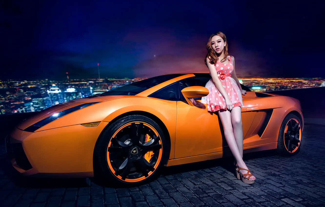 Фото обои машина, авто, девушка, модель, азиатка, автомобиль, Lamborghini Gallardo, korean model