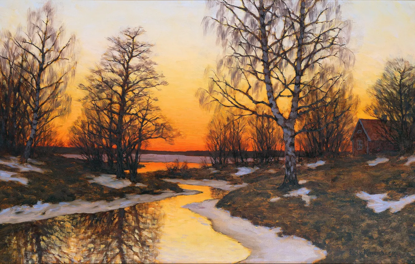 Фото обои Деревья, Снег, Дом, Картина, Речка, Шведский художник, Edvard Rosenberg, Зимний пейзаж в сумерках