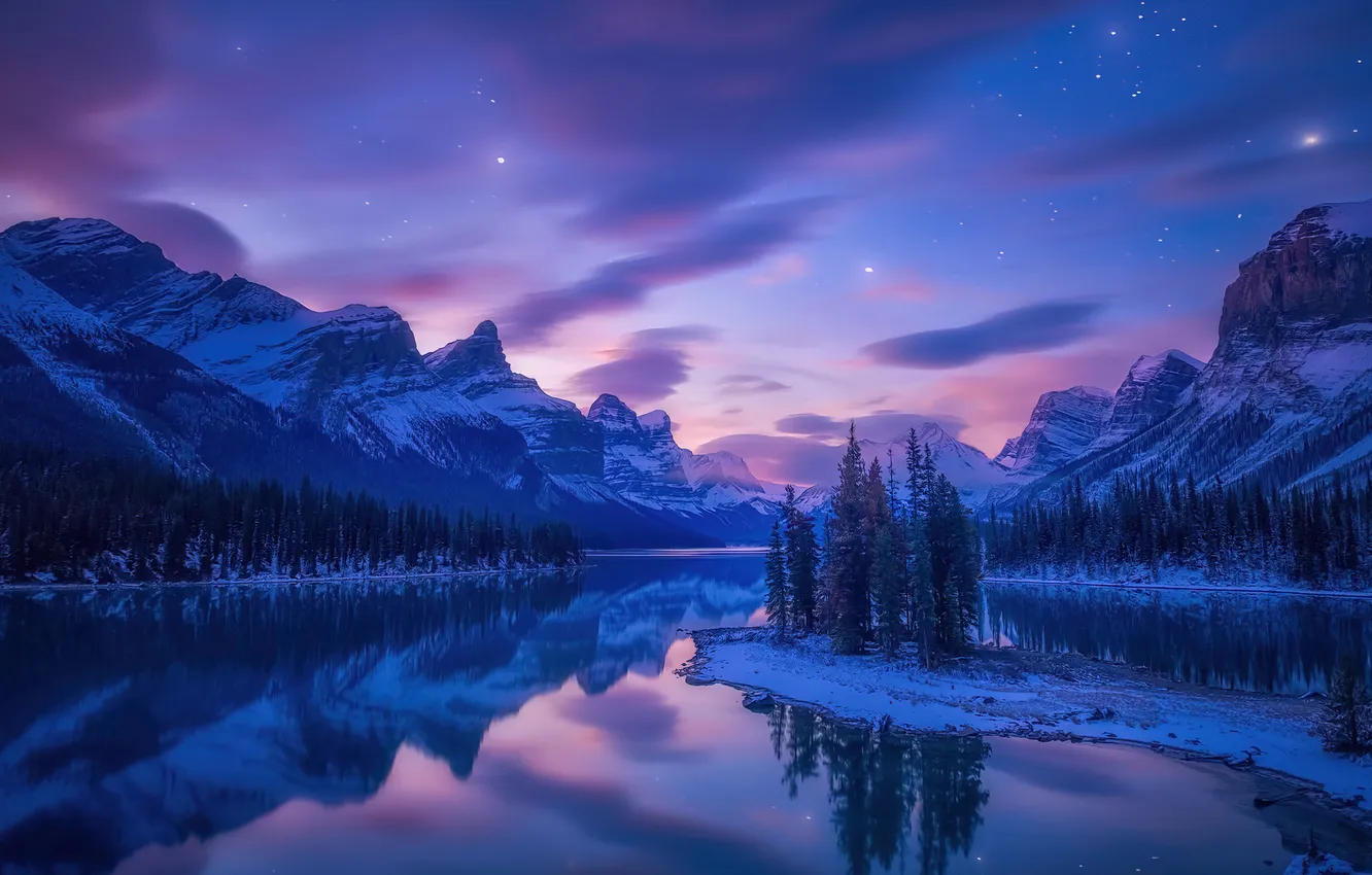 Фото обои Sky, Stars, Landscape, Night, Mountains, Lake
