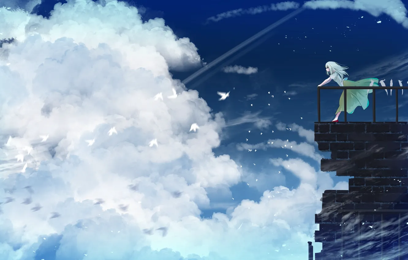 Фото обои небо, девушка, облака, птицы, балкон