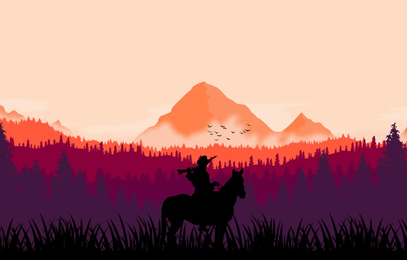 Фото обои лес, конь, ковбой, винтовка, вестерн, бандит, wild west, рокстар