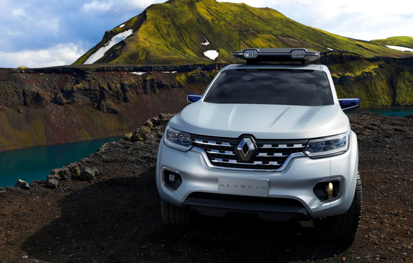 Фото обои горы, растительность, серебристый, Renault, пикап, 2015, Alaskan Concept