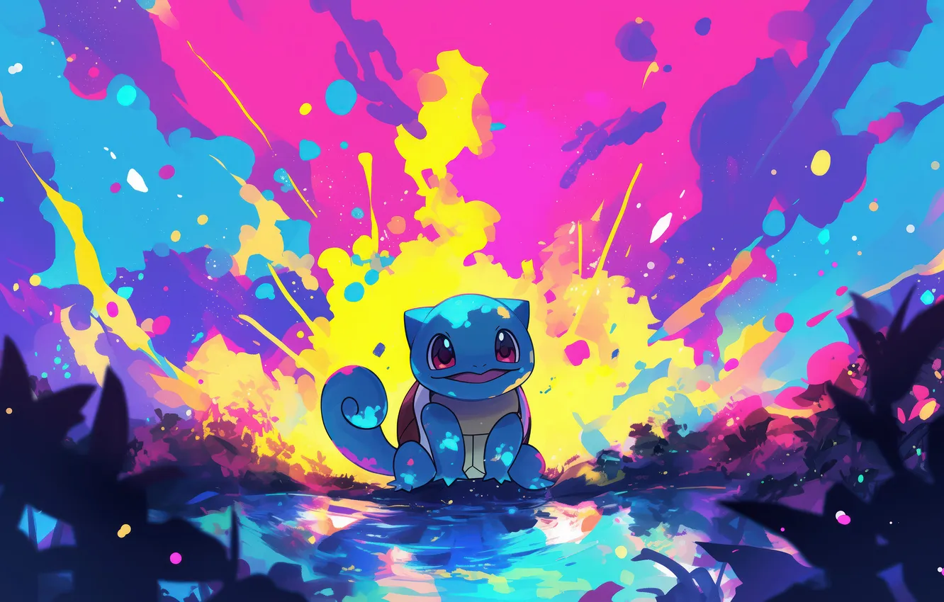 Фото обои вода, краски, растения, водяной, покемон, pokemon, squirtle, водный