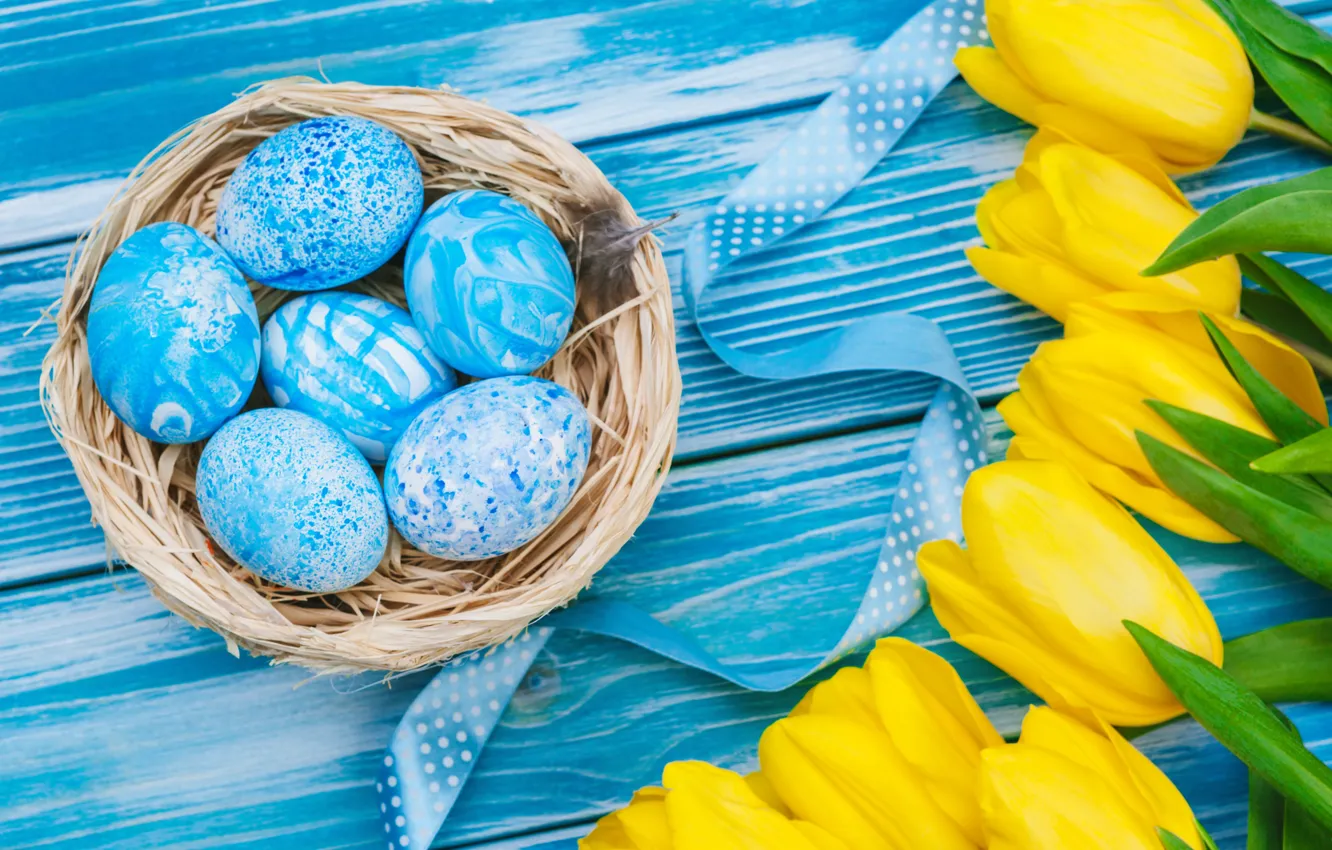 Фото обои цветы, желтый, яйца, букет, colorful, Пасха, тюльпаны, yellow