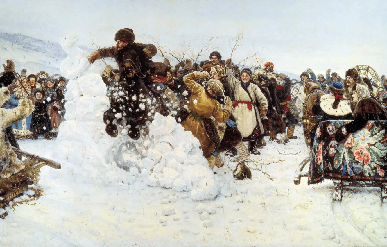 Фото обои снег, масло, всадник, Холст, народ, 1891, Взятие снежного городка, Василий СУРИКОВ