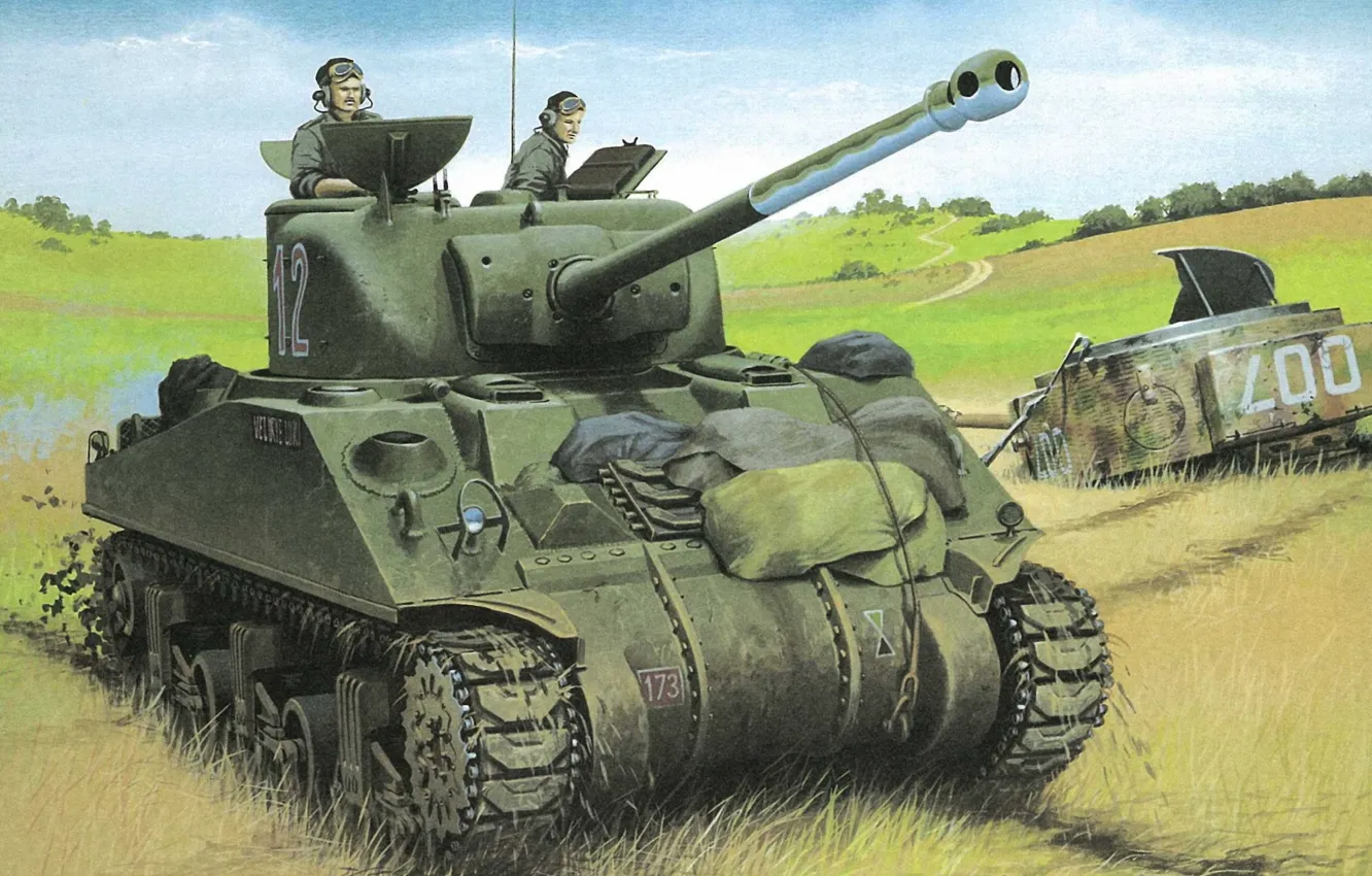 Фото обои поле, рисунок, арт, танк, WW2, танкисты, с 76-мм орудием «Шерман», M4A1(76)W американский