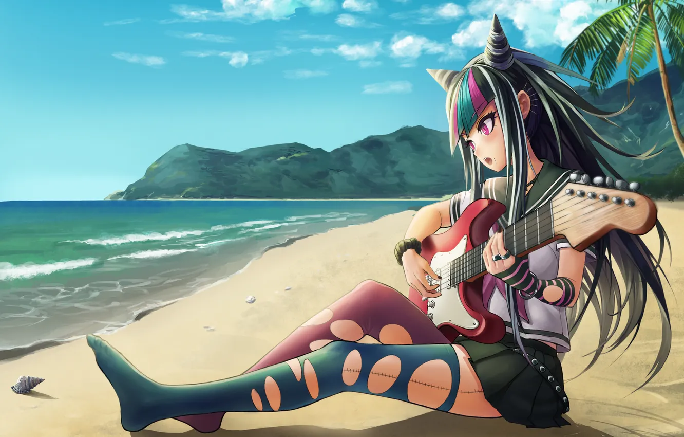 Фото обои песок, пляж, девушка, пальма, гитара, ракушка, арт, mioda ibuki