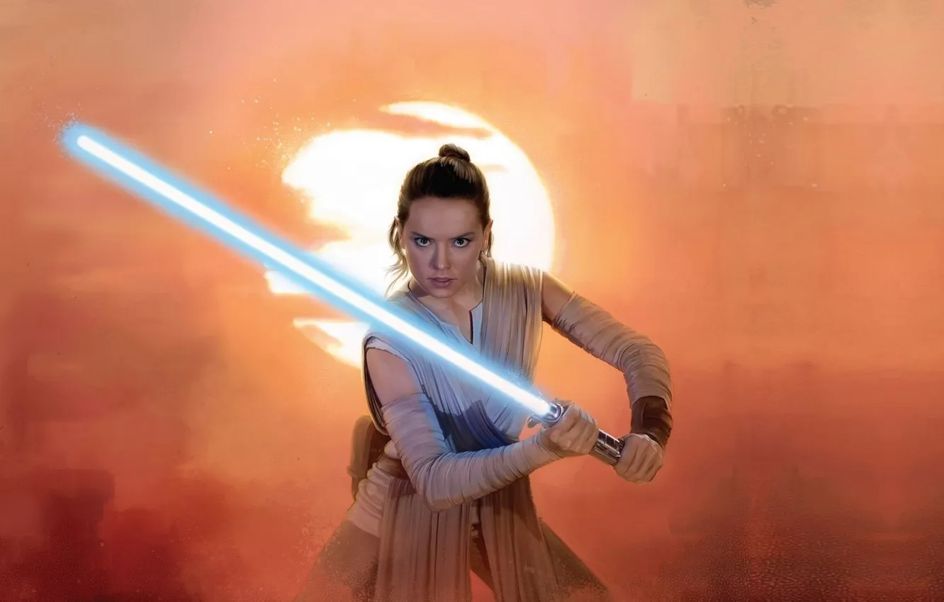 Фото обои Star Wars, women, lightsaber, actress, movies, looking at viewer, Rey, Daisy Ridley